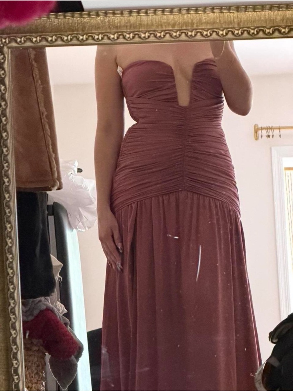 Strapless Ruched Maxi Dress in Mauve